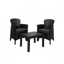 Conjunto de Jardín con 2 Sillones + Mesa de Polipropileno Resistente Rayos UV, Decorativo y Ligero. Set Asiento con Cojín para Exterior en Terraza, Patio o Balcón de Fácil Instalación - Negro - Ver 1