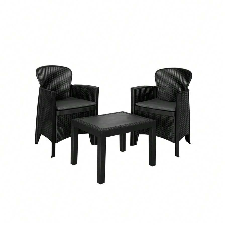 Conjunto de Jardín con 2 Sillones + Mesa de Polipropileno Resistente Rayos UV, Decorativo y Ligero. Set Asiento con Cojín para Exterior en Terraza, Patio o Balcón de Fácil Instalación - Negro - Ver 1