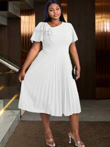 Plus Size Ladies Asymmetrical Neck Elegant Ruffled Sleeve Pleated A-Line Skirt, Commute, Graduation, Church,Graduation Outfit