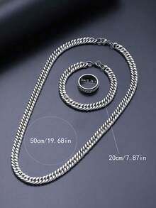 3 件套男士日常休闲简约百搭不锈钢项链、手链和戒指套装