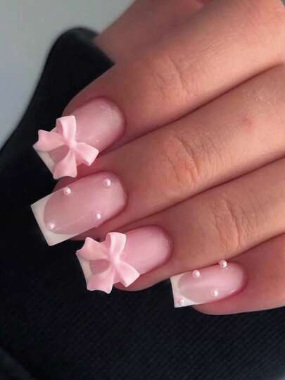 Elevate Your Style With, 24Pcs/Set Square French Press On Nails Tip 3D Bow With Pearl Design Acrylic False Nails ,Contain 1Pc Jelly Glue And 1Pc Nail File, Suitable Gifts For Women And Girls Nail Supplies Nails