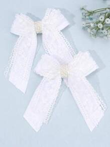 2 piezas de grandes lazos para el cabello de encaje con estilo de hada, pasadores de cabello con cola larga blanca con clip de flores de perla para uso diario y fiesta de boda, regalos perfectos para niñas, accesorios para el cabello