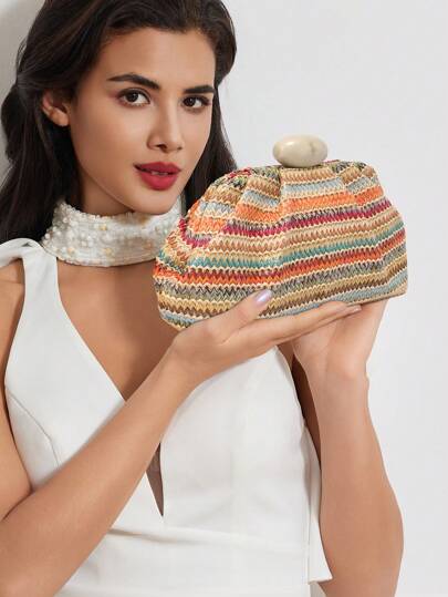 Women's Clutch Purse For Wedding Party - Elegant Color Striped Woven Handbag With Resin Clasp, Hidden Metal Closure, Summer Beach Bag, Mother's Day Gift, Boho Evening Clutch For Bride, Garden Party, Vacation Accessories