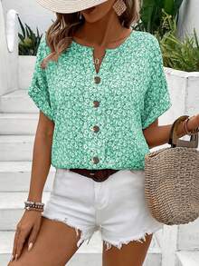 大码女式优雅碎花短袖纽扣前上衣，舒适休闲衬衫/T 恤，春夏秋季 - 綠色 - 查看 6