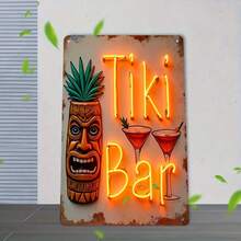 1pc 2D Flat Non-Illuminated Vintage Tiki Bar Metal Sign - 30x20cm Retro Neon Style Wall Art With Tropical Cocktail And Pineapple Design, Rustic Iron Decor For Home Bar, Restaurant, Office - Durable Hawaiian Theme Party Decoration, Neon Sign For Bar, Random Hole Style
