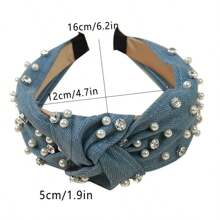 1 buc. Bandă de păr încrustată cu perle pentru femei, stil coreean nou, accesoriu de păr cu nod mijlociu, denim spălat, cerc larg pentru păr