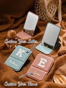 1Pc Personalization Makeup Mirror,Portable Embroidered Pearl Letters Makeup Mirror, Pu Leather Small Mirror, Foldable, Travel Mirror, Suitable For Gifts, Travel Necessities, Makeup Necessities, Suitable For Traveling, Also Suitable For Home Use Makeup, Suitable For Bridesmaids, Graduation Season Boutique Gifts.