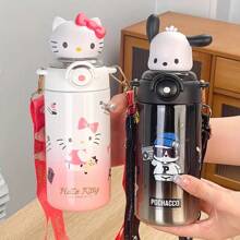 Sanrio 1 Stück Hello Kitty 316 rostfreier Stahl Isolier-Wasserflasche 600ml auslaufsicher mit Strohhalm & Riemen, süßer Buchstabendruck Reise-Trinkbecher für Frauen, Weihnachten Halloween Thanksgiving Geschenk, Urlaubsgeschenk | Charakter-Themen-Trinkflasche