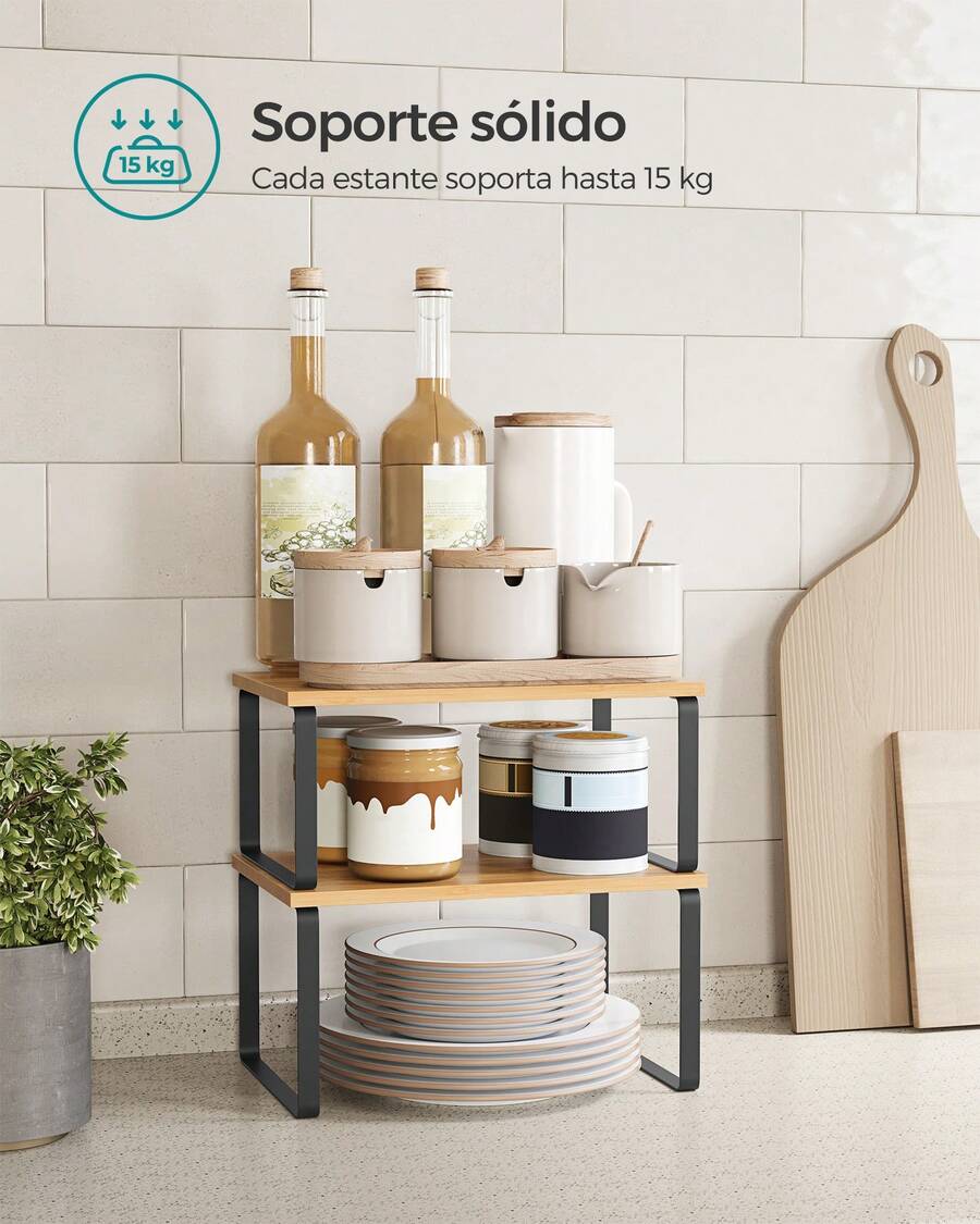 Estante para Especias, Juego de 2, Organizador de Armario, Estante de Almacenamiento de Cocina Extensible, Especiero de Metal y Madera de Ingeniería, 19,5 x 29,7 x 15,8/19,5 x 39,7 x 15,8 cm, Negro Tinta y Beige Natural, Vuelta al Cole - Caqui - Ver 1