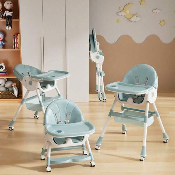 6 in 1 Rollbarer Ess-Hochstuhl für Babys, Hochstuhl, Zwergenstuhl, Neigbar, Schaukelpferd, Schaukelpferdwagen, Faltbar, Faltbare und verstellbare Rückenlehne, Essstuhl mit Sicherheitsgurt, Abnehmbarer Korb für das Essbrett, Von 6 Monaten bis 3 Jahren (15KG)