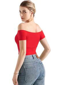 Women Double Lined Off Shoulder Tops Fitted Going Out Basic Shirts - Dream Red - View 3