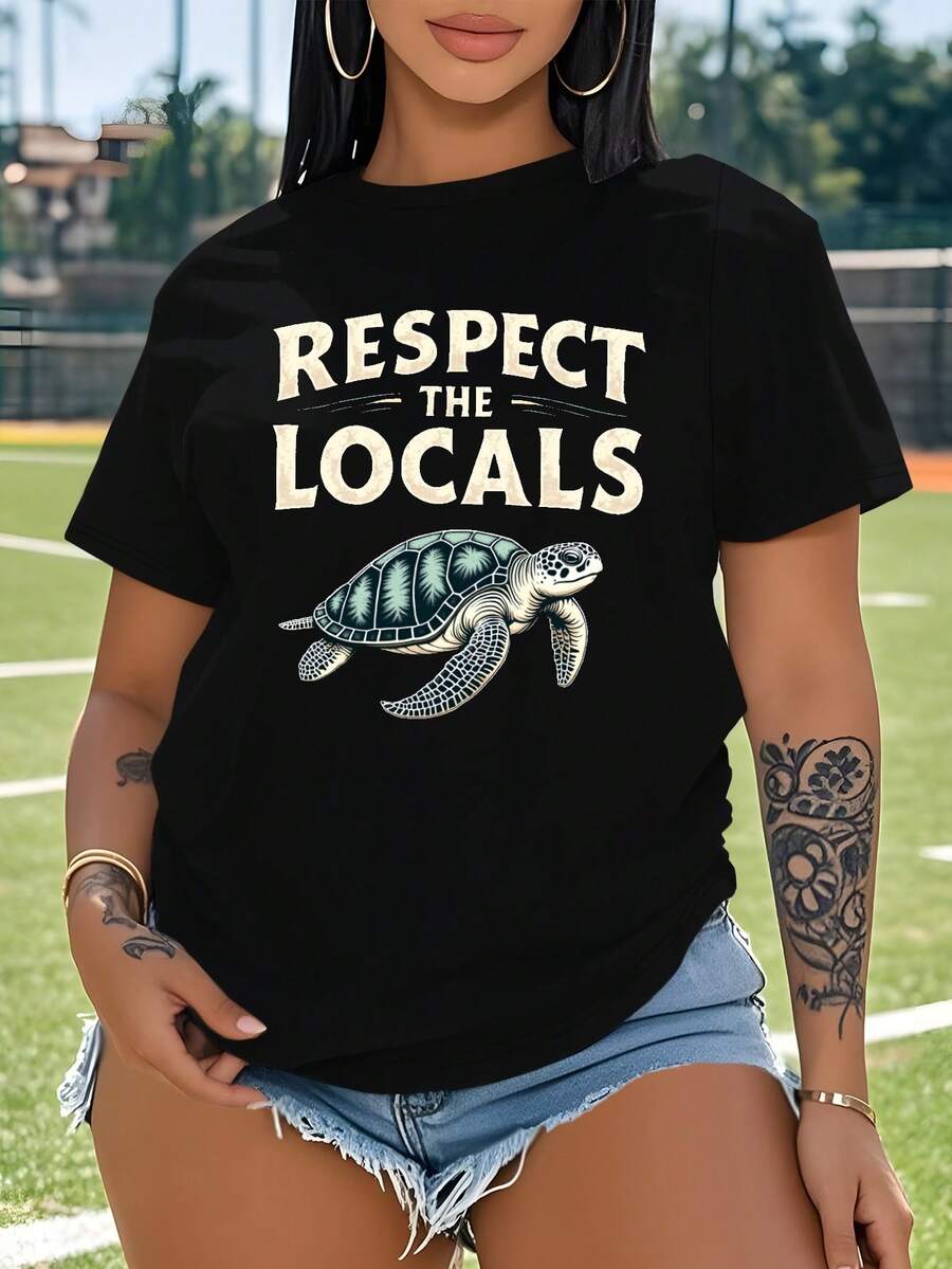 Sea Turtle Vintage RESPECT THE LOCALS Large Size Women's Short-Sleeved T-Shirt (Non-Sports) - Black - View 1