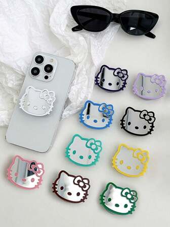 Sanrio 1pc Hello Cat Phone Holder, Cute Portable Makeup Mirror Phone Holder, Fashionable Hello Cat Cartoon Jewelry Phone Holder, Phone Accessories, Ideal Gift For Beautiful Ladies, Party, Birthday, Holiday Gifts (Please Read The Precautions Before Use To Avoid Improper Use And Damage)