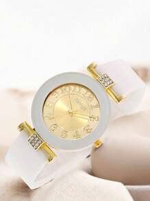 1 Reloj de cuarzo de mujer redondo y a la moda con esfera digital redonda versátil, perfecto para uso diario, cenas y otras ocasiones para decorar la muñeca.