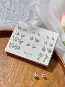 12 Pairs Silver Tone Pastel Butterfly Stud Earring Set, Chic And Simple Zinc Alloy Earrings, Fashionable For Daily Wear, Great Gift For Girlfriend