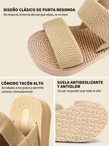 Sandalias de imitación lino beige de tacón medio para mujer, elegantes y ligeras para uso en exteriores, playa y uso diario, pantuflas simples de verano/otoño para mujeres - Caqui - Ver 11