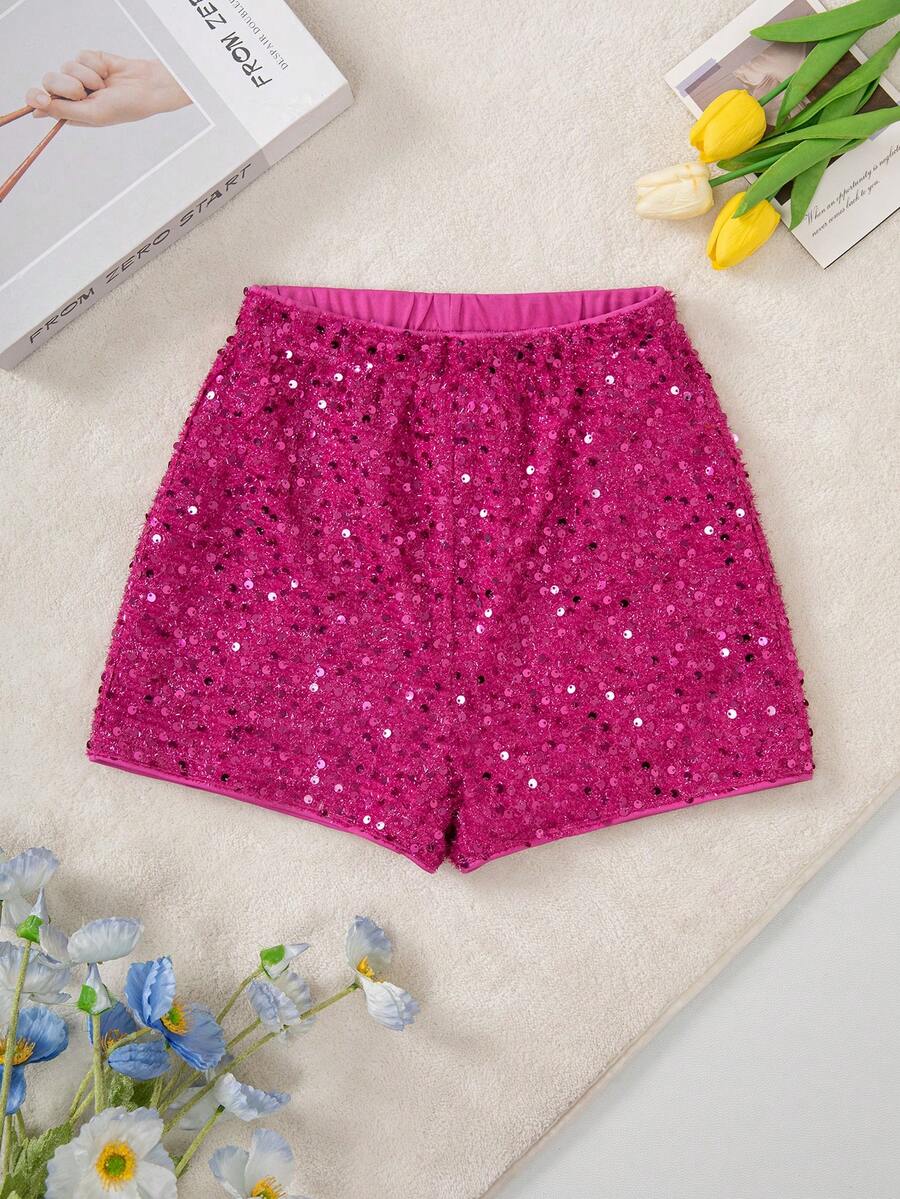Tween Girls Fashionable Casual Sequin Embellished Shorts, Summer - Hot Pink - View 1