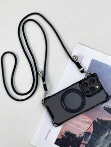 Luxury 360 Magnetic Bracket Kickstand Crossbody Lanyard Necklace Transparent Phone Case For Magnetic Wireless Charge Phone Case Compatible With IPhone 16 15 11 12 13 14 Pro Max Plus Anti-Lost Cover - Black - View 4