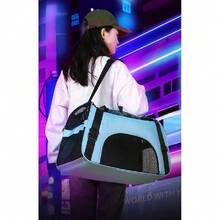 1 pieza Bolsa portátil para mascotas, diseño de asa y correa cruzada, apta para perros y gatos pequeños, para uso en viajes al aire libre - Azul - Ver 5