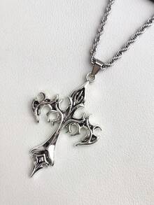 1 pieza Colgante de cruz completamente plateado de acero inoxidable con cadena retorcida y zirconia micropavimentada, estilo vintage, adecuado para uso diario, unisex de estilo hip hop - Plateado - Ver 13