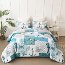 3 Pcs Coastal Bed Quilt Set Queen/King Size - Dark Blue Summer Nautical Beach Theme Quilted Blanket Thin Reversible Microfiber Bedding Lightweight Soft Bedspread Coverlet Sets For All Season, Room Decor (1 Quilt, 2 Pillow Shams)