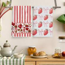 2pcs Set, Cartoon & Simple Striped Strawberry Kitchen Towel, Hand Towel, Polyester Dish Cloth, Soft Absorbent Drying Cloth, Kitchen & Cleaning Supplies, Bathroom Essentials