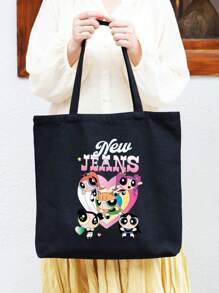 THE POWERPUFF GIRLS Cartoon Superhero Policewoman Minimalist & Stylish Canvas Shoulder Tote Bag, Casual Large Capacity Daily Work Commute Foldable Shopping Handbag