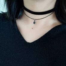 1pc Minimalist Chic Punk Style Faux Velvet Double Layer Stainless Steel Bead Layered Black Choker Necklace Collar Choker For Women, Versatile Daily Wear Metal Necklace Non-Fading - Black - View 2
