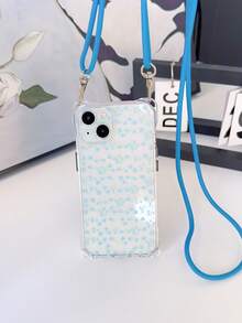 花朵 1 件蓝色郁金香 Ditsy 花卉透明挂绳手机壳带挂孔，柔软 TPU 防摔手机壳，带 1 件 4 毫米蓝色可调节挂绳，兼容 16/16Pro/16PLUS/16Promax/16E/15/11/12/13/14/13mini/XR/7P/8P
