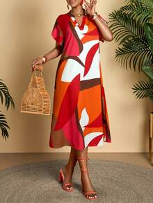 AIJ Amarilo Colorblock V-Neck Short Sleeve Belted Midi Dress, Women's Casual Summer Style With Ruffle Hem - Multicolor - View 4