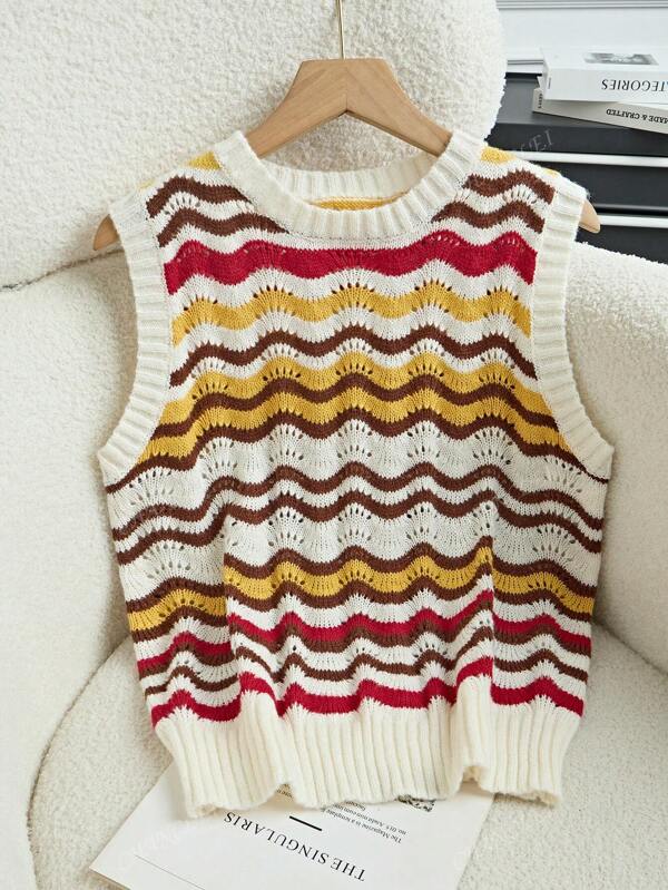 Women's Contrast Color Striped Pattern Round Neck Sleeveless Knitted Top, Summer
