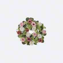 1 pièce Composition florale de centre de table de mariage - Couronne de fleurs artificielles roses avec bougie, couronne de printemps/été pour porte d'entrée, cérémonie - Bougeoir de fleurs artificielles feuilles, couronne florale en soie rose avec support de bougie, petites fleurs en plastique pour décoration de mariage, bouquet de mariée, décoration de centre de table, jardin, cour, mariage, anniversaire, douche, décoration de chambre esthétique, salle de classe, bureau, balcon, centre commercial, Saint-Valentin, cadeau