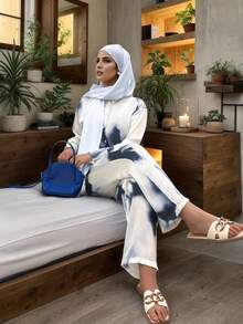 两件套缎面印花套装 - 长袖衬衫和阔腿裤套装，女士休闲春夏装 - 彩色 - 查看 2