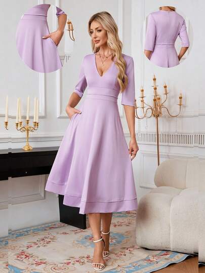 纯色优雅派对V领网纱拼接拉链连衣裙 夏季