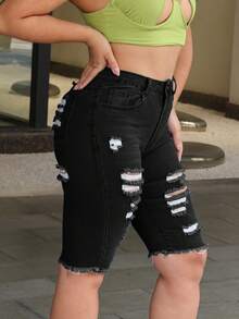 Women's Casual Distressed Raw Hem Denim Shorts With Pockets - Black - View 2