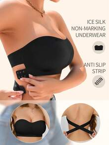 女士无缝无肩带文胸性感侧扣文胸无缝交叉后背纯色无线文胸柔软胸垫舒适文胸可调节肩带女士贴身内衣弹力内衣管，新娘内衣上衣透气吊带背心不透明完美搭配无肩带连衣裙适合日常穿着 - 黑色 - 查看 10