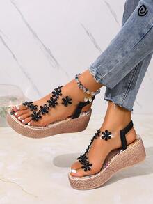 Teens Platform Wedge Sandals, New Summer Girls Clear Crystal Peep Toe Rhinestone Thick Sole Sandals - Black - View 6