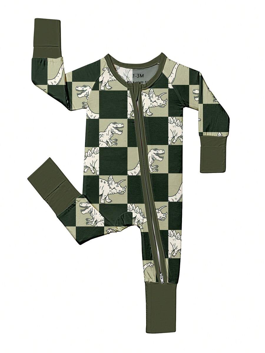Baby Bamboo Fiber Zip-Up, Dinosaur Print Romper, All-Season Knit Fabric Skinny Fit With Zipper Detail, Boy Baby Clothes, Perfect For Outdoor - màu xanh lá - Xem 1
