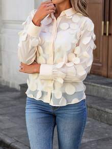 Camisa semitransparente para mujer, larga, informal, elegante, con volantes y botones delanteros, para uso diario - Beis - Ver 3
