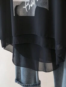 YUXIN 女式黑色透明上衣，半喇叭袖，图案印花宽松 T 恤 - 黑 - 查看 9