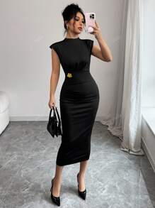 Women's Rose Gold Metal Buckle Waist Fitted Dress
