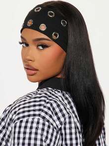 1 pieza Diadema elástica hueca de tela con ojales metálicos de estilo punk personalizada para mujer, accesorio de cabello casual y deportivo para otoño e invierno, accesorio de cabello para mujer para atuendos de vacaciones - Multicolor - Ver 2