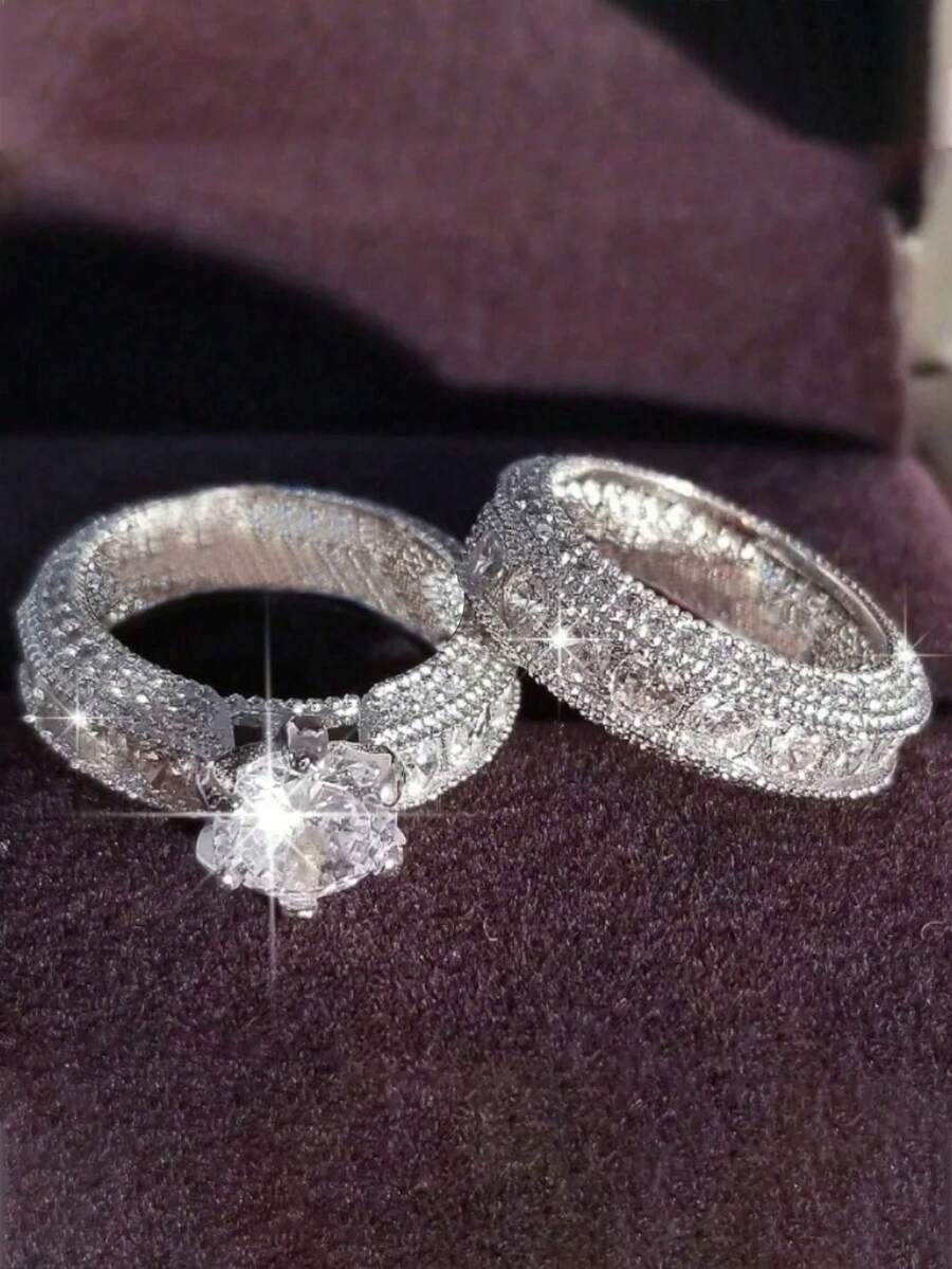 2pcs Exquisite Fashion New Design Silver Color  Wedding Ring Set For Women Engagement Finger Anniversary Gift Banquet Jewelry Royal Tiaras