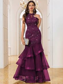 MIUSOL Sequin Floral Lace Halter Neck Mesh Layered Hem Evening Party Maxi Dress,Elegant Party Dress For Women,Formal Evening Gown Wedding - Maroon - View 4
