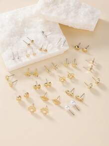 20pcs/Set Elegant Metal Faux Pearl Earring Studs Assortment, Including Heart, Star, Flower, Rhinestone, Leaf, Bow Designs, Fashion Jewelry Gifts For Women, Suitable For Casual Everyday Wear
