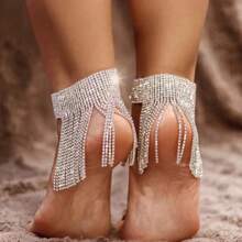 Tornozeleira feminina com strass da moda, corrente de tornozelo com borla brilhante, acessório para salto alto