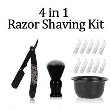 4 In1 Men's Straight Razor Shaving Kit - Including Metal Shaver With 10pcs Stainless Steel Blades & Shaving Brush & Shaving Bowl, 3D-Muster-Design For Staight Razor, Perfect Gift For Father & BoyFriend