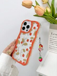 Cream Patterned Wavy Edged Glossy Strawberry Painted Anti-Fall Phone Case With Handmade Beaded Bracelet Accessory, Compatible With IPhone 16/11/16pro/16plus/16promax/16e/15Promax/13/14/12/XS/XR/7G/8P, Compatible WithGalaxy S25/S25PLUS/S25 Ultra/A16/A36/A26/A56 - Multicolor - View 7