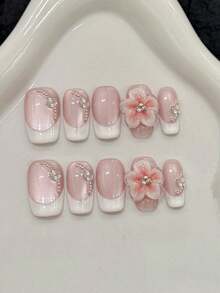 10 件中号方形手压指甲，适合派对和日常佩戴，粉色，粉色指甲，手绘浮雕小花，桃花，方形指甲，易于佩戴 10 件 Y2K 手压指甲，夏季指甲，夏季风格，适合女孩和女士节日派对和日常佩戴。按压指甲 美甲用品 指甲