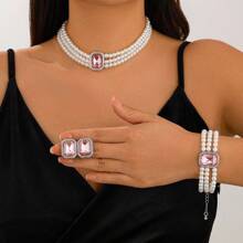 4pcs Set Elegant & Fashionable Multi-Layer Faux Pearl Beaded & Gemstone Inlaid Necklace, Earrings & Bracelet Jewelry Set, Suitable For Women's Daily Wear, Wedding, Party, Holiday & Anniversary Gift